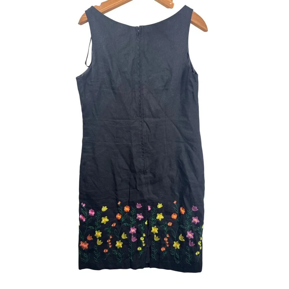 Vintage R&K Originals Sheath Dress Sz 10 Black Linen Floral Embroidered Cottage - Picture 2 of 9